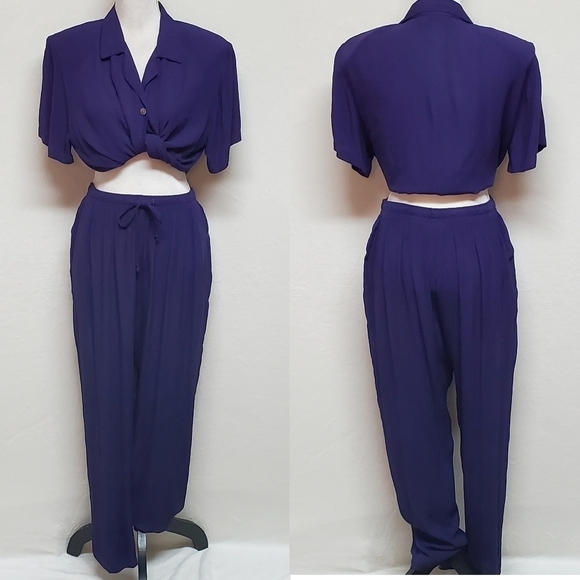 VINTAGE 90s Eggplant Purple Crinkle Material Two-Piece Jumpsuit Sag Harbor Med - Picture 1 of 16